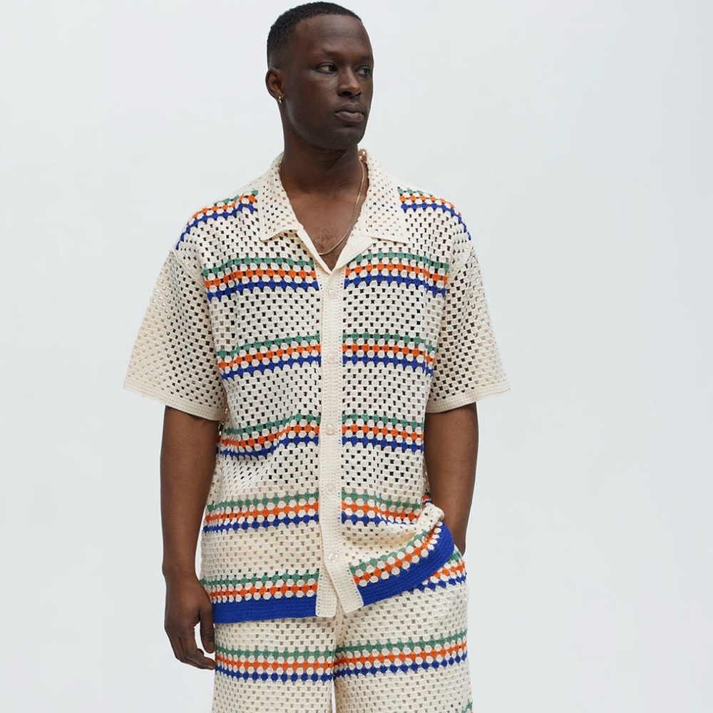 Fashion Nova Anderson Crochet Cuban Collar Shirt - M